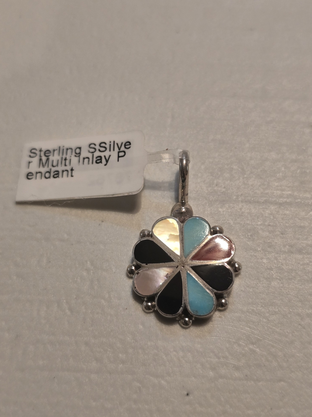 Sterling Silver Multi-Color Flower Inlay Pendant - Blue, Black, Pink, Cream